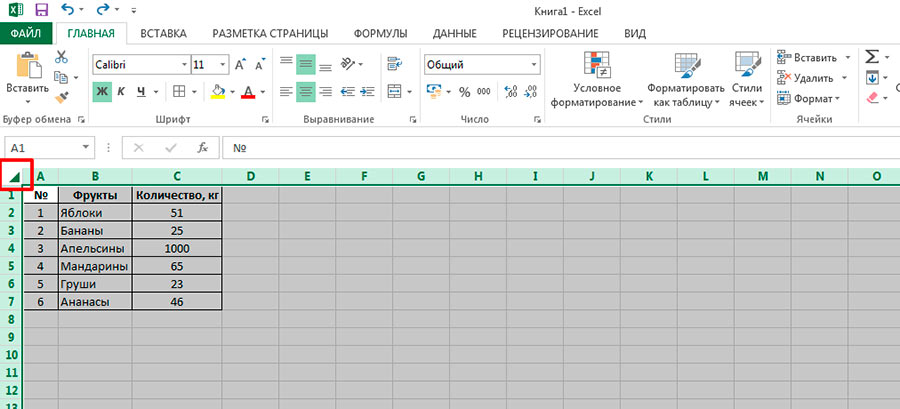 Сначала выделяем всю таблицу (в MS Excel, как и в других windows-приложениях это можно проделать и с помощью комбинации клавиш CTRL+A)