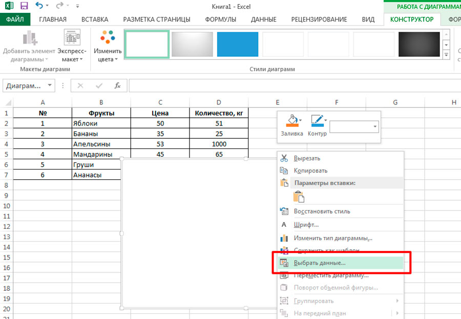 Выбираем данные для формирования графика в MS Excel