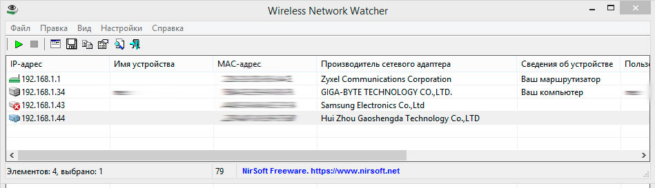 Окно Wireless Network Watcher, список устройств в сети