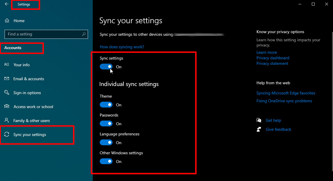 Синхронизация настроек Windows 10
